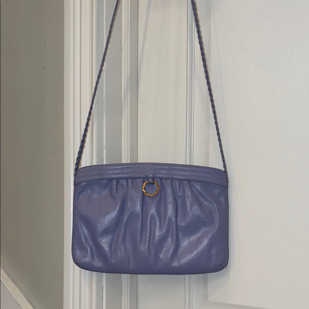 Vintage Morris Moskowitz Periwinkle Leather Shoulder Bag with Gold Ring Accent